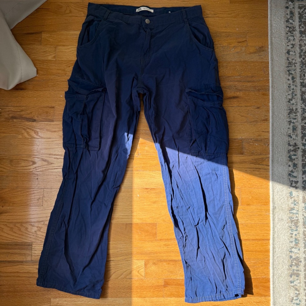 Zara Men 32 Faded Metallic Blue Utility Cargo Pants Baggy Y2K Streetwear 5520